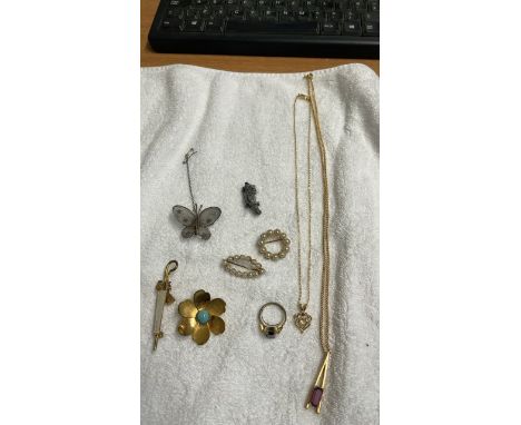  Sale Item:    BOX BROOCHES RING &amp; 2 NECKLACES   Vat Status:   No Vat   Buyers Premium:  This lot is subject to a Buyers 