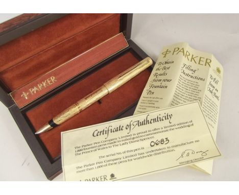 LIMITED EDITION FOUNTAIN PEN.
A Limited Edition Parker 105 fountain pen, to commemorate the Royal Wedding, 29th July 1981. Or
