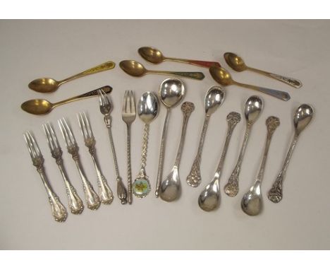TEASPOONS ETC.
A set of six flower finial teaspoons, a Russian silver pickle fork & other silver & EPNS items.