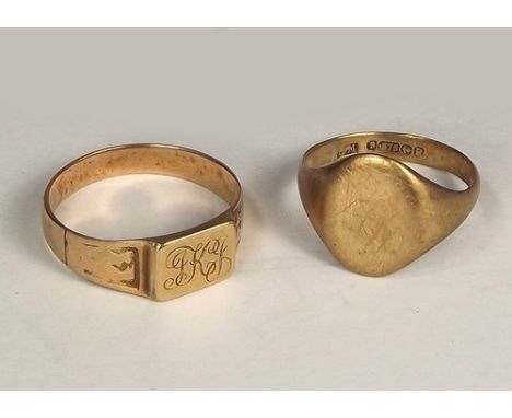 SIGNET RINGS.
A 9ct. gold signet ring with oval face & one other unmarked gold signet ring.