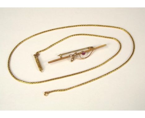 BAR BROOCH ETC.
A 9ct. gold ruby & seed pearl bar brooch & a chain. (damaged)