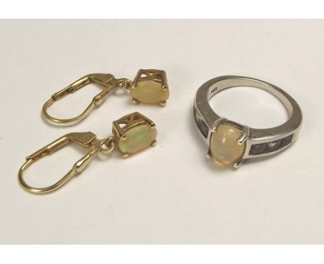 OPAL RING ETC.
A pair of gold plated silver, opal set earrings & a green sapphire & opal, platinum plated ring.