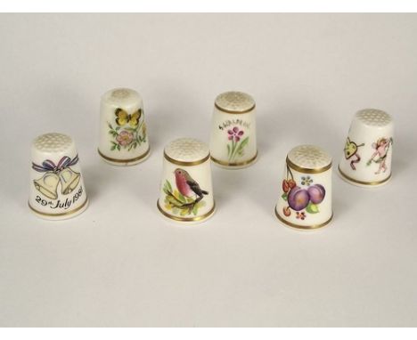 THIMBLES.
Six Royal Worcester bone china thimbles, including 1981 Royal Wedding, three signed.