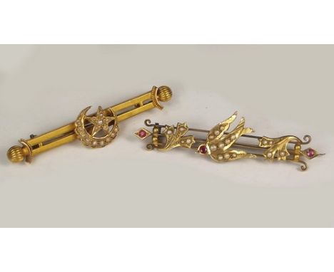 BAR BROOCHES.
A Victorian 15ct. gold, pearl set bar brooch & a 15ct. gold ruby & half pearl bar brooch.