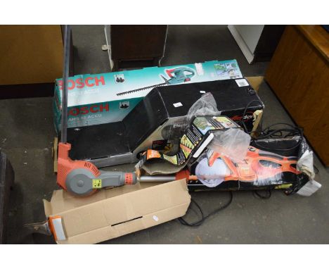 Quantity of various garden equipment to include a Bosch hedge trimmer, Flymo Easycut, Power Devil electric chainsaw (3) AF