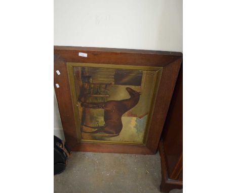 Horse in a stable, unsigned oil on panel, framed