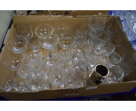 Quantity of assorted glass ware to include champagne saucers together with four EPNS napkin rings