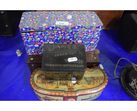 Small Mahogany work box  and three collectors tins containing a quantity of vintage sewing materials, buttons, threads etc