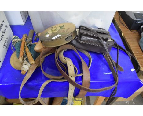 Mixed Lot:  Bags, belts, shoe stretchers and a vintage table tennis net and bats