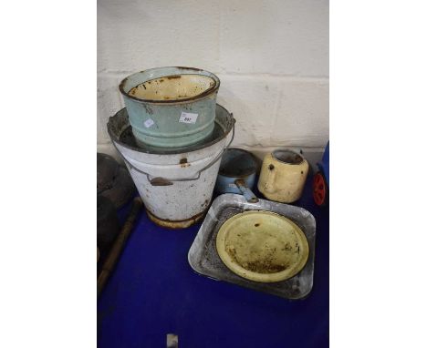 Quantity of enamel items to include buckets, saucepan, square pan etc