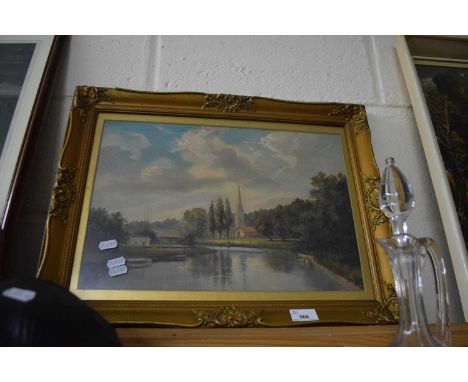 Print of a river with Church beyond in gilt frame