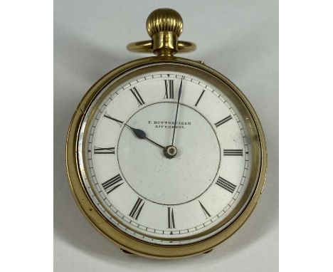 F. BUTTERFIELD LIVERPOOL 18CT GOLD CASE FOB WATCH, signed white enamel dial with black Roman numerals, movement signed and nu