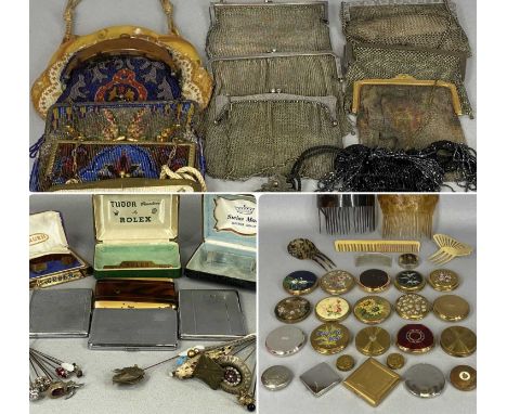 ASSORTED ANTIQUE & VINTAGE COLLECTABLES, including beadwork and mesh evening bags, powder compacts, hat pins, hair combs, cig