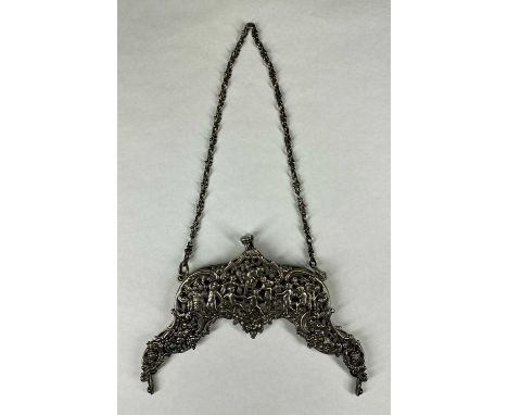 CONTINENTAL WHITE METAL HINGED PURSE MOUNT, one side ornately pierced and chased with cherubs grape picking, fancy link chain