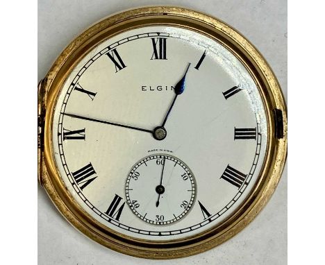 ELGIN 9CT GOLD CASED KEYLESS FULL HUNTER POCKET WATCH, white enamel dial with black Roman numerals and subsidiary seconds dia