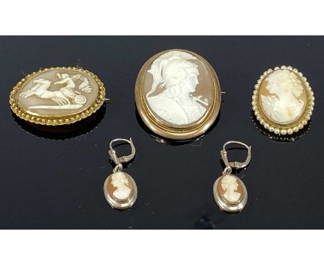 THREE OVAL CAMEO PORTRAIT BROOCHES in gold / yellow metal frames, and pair of oval cameo portrait earrings in silver framesPr
