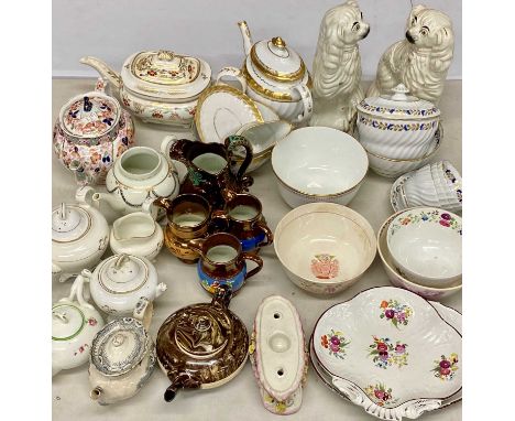 ASSORTMENT OF ANTIQUE ENGLISH CERAMICS, including teapots, tea bowls and saucers, Staffordshire dogs, hand-painted dishes, ag