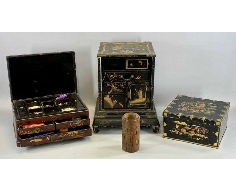 THREE CHINESE LACQUERED BOXES, 36cms (h) the tallest, and Chinese carved bamboo brush pot, 14cms (h)Provenance: deceased esta