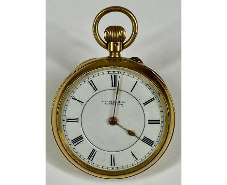 CHARLES & CO. LIVERPOOL 18CT GOLD CASED FOB WATCH, keyless, signed white enamel dial with black Roman numerals, movement sign