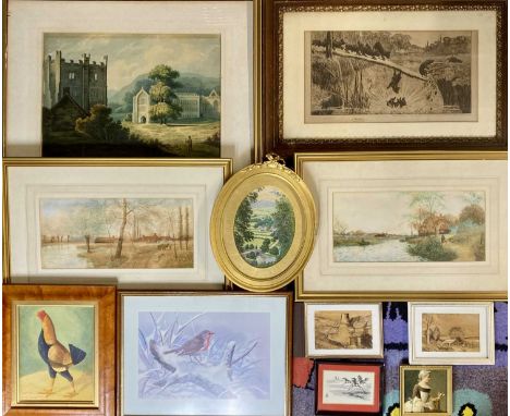 GROUP OF ASSORTED PICTURES, including Stanley Berkley etching - pigs falling from a log, 21.5 x 40.5cms; pair of watercolours