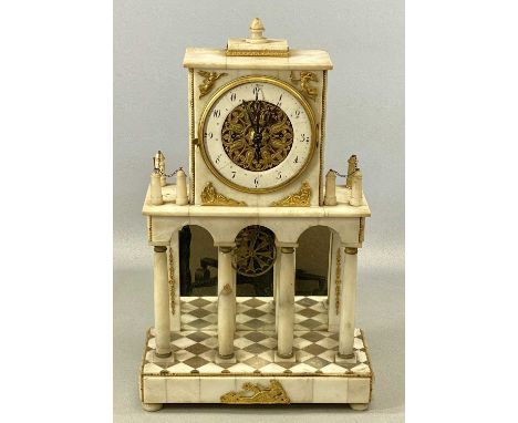 19TH CENTURY EUROPEAN ALABASTER & MARBLE MANTEL CLOCK, of architectural design, with figural gilt metal mounts, circular gild