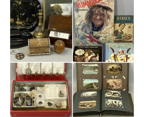 ASSORTED COLLECTABLES, including costume jewellery, vintage postcard albums, leather writing case, minerals, geology samples,