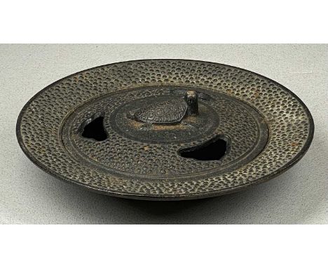 VINTAGE JAPANESE CAST IRON CENSOR, pierced cover mounted with a turtle, 18.5cms (diam.)Provenance: private collection Ynys Mô