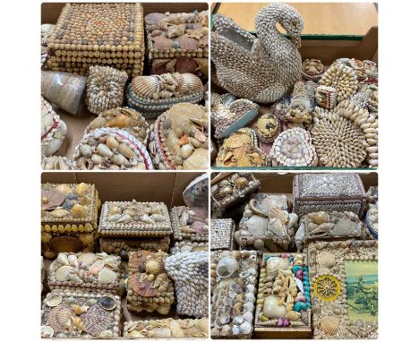 VINTAGE SEASHELL DECORATED BOXES & ORNAMENTS, large collection contained within four boxesProvenance: The Cornelia Bayley Col