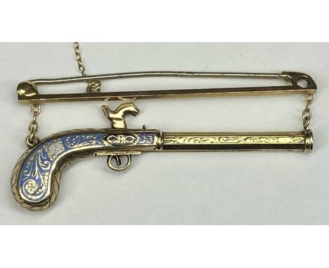 9CT GOLD BROOCH, pistol with blue enamelled handle, suspended from stick pin, with safety chain, 50mms (l), 5.8gmsProvenance: