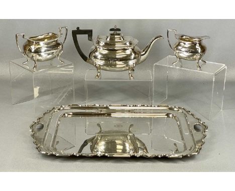 GEORGE V SILVER FOUR-PIECE TEA SERVICE, rectangular two-handle tray with wavy rim and inscription dedicated to Hugh Hughes, t