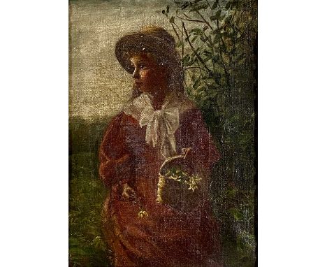 UNKNOWN 19TH CENTURY oil on canvas - three-quarter length portrait of young girl wearing red dress, holding basket of flowers