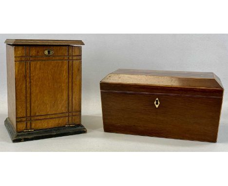 19TH CENTURY MAHOGANY DOUBLE TEA CADDY, boxwood strung, fitted interior with mixing bowl, 31cms (w), and an Edwardian oak wri