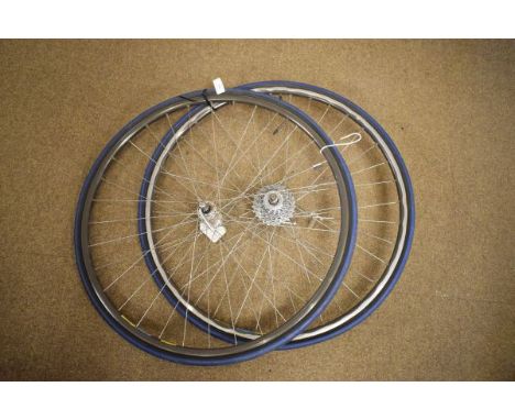 Pair of late 20th Century racing cycle wheels - Shimano 600 hubs on Mavic open four CD rims with a Miche cassette, fitted Mic