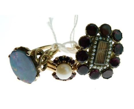 9ct gold opal set dress ring, a mourning ring set woven hair panel within a seed pearl and amethyst coloured stone surround, 