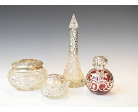 Edward VII silver overlaid ruby glass table scent bottle of globular form, London 1902, together with three silver mounted or