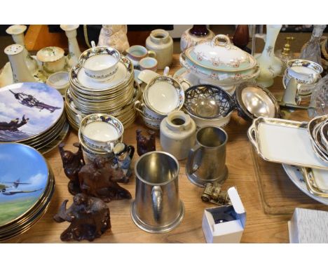 Quantity of decorative ceramics, glass, mantel clock, mahogany cigar box, metalware etc (one shelf)   Condition: 