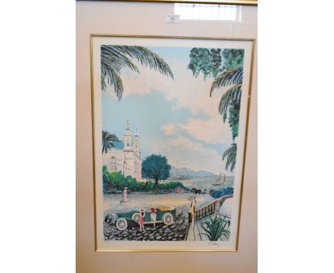 Raymond Dilley - Limited edition coloured print - Mediterranean Art Deco scene with vintage motor car, framed and glazed, 65c