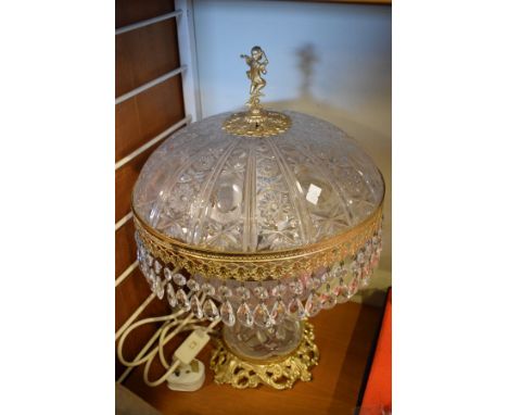 Late 20th Century press moulded glass and brass table lamp   Condition: 