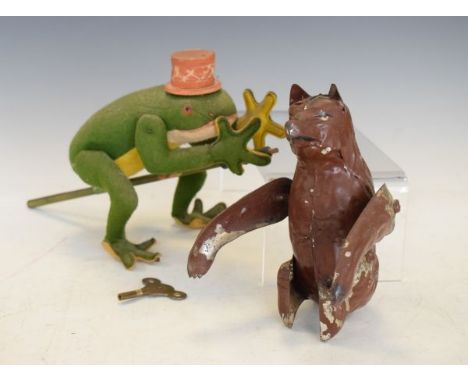 Vintage felt clockwork frog and a similar tin plate bear   Condition: 