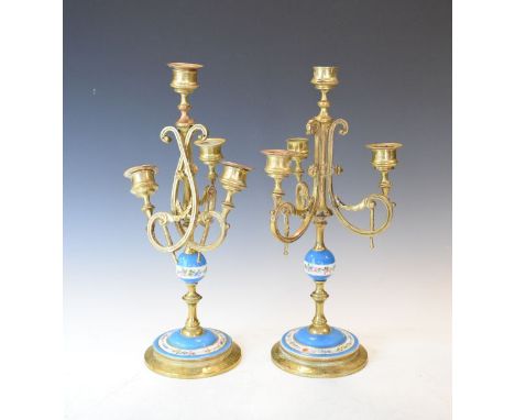 Pair of late 19th Century French brass and porcelain three branch candelabra   Condition: 