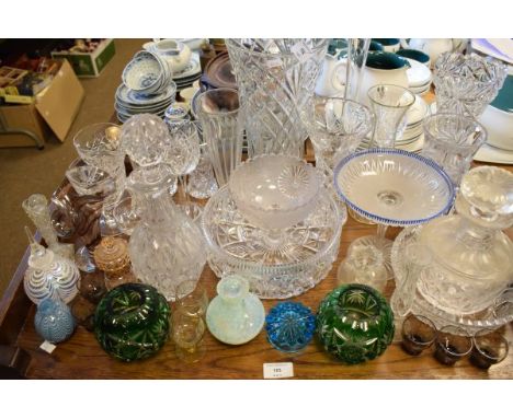 Quantity of cut and moulded table glass, vases, scent bottles, etc (one shelf)   Condition: 