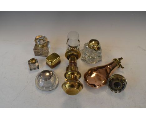 Copper shot flask by James Dixon, reproduction G.W.R. brass lamp, four inkwells etc   Condition: 