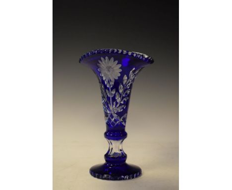 Bohemian cut blue flash glass trumpet shaped vase   Condition: 