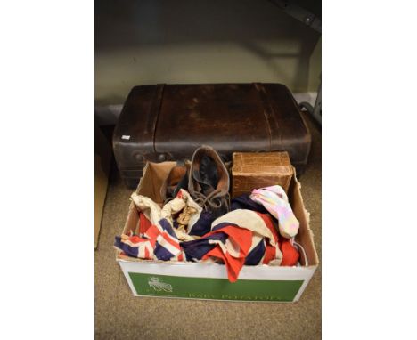 Vintage heavy leather suitcase, pair of vintage hobnail boots etc   Condition: 