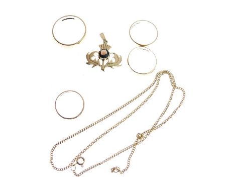 Four 9ct gold wedding bands and a gold coloured metal pendant on a chain   Condition: 