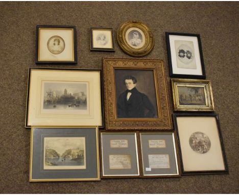 Various framed pictures, etc including; watercolour portrait of a gentleman, topographic engravings, 19th Century soup and co