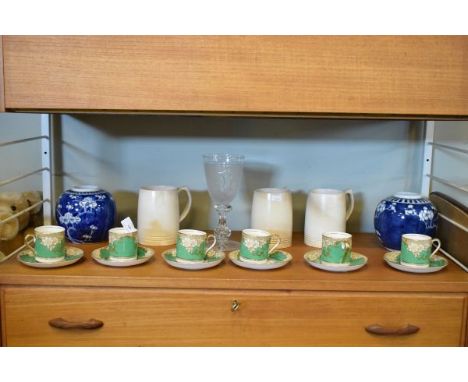 Three Keith Murray for Wedgwood ivory coloured tankards together with a pair of blue and white ginger jars, Crown Staffordshi