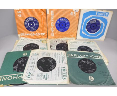 Eighteen The Beatles and The Rolling Stones 45 rpm 7" singles, all in company sleeves, (10+8)