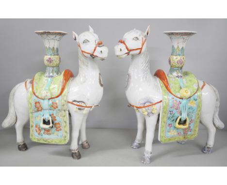 A pair of ceramic Chinese horse candlesticks, A/F