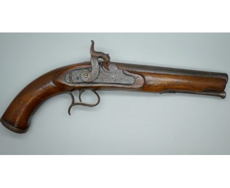 A percussion overcoat pistol, marked "N Furlong London", 34.5cm*This lot is not available postage and packing*